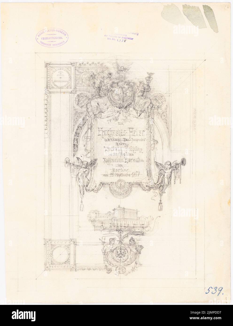 Hoffmann Emil (1845-1901), foglie di gioielli e documenti (senza dat.): Schmuckblatt per la festa di nozze d.. KL. Ispettore edilizia Ludwig Fröhling il 18 settembre 1880. Matita su cartone, 42 x 32 cm (compresi i bordi di scansione) Hoffmann Emil (1845-1901): Schmuckblätter und Urkunden Foto Stock