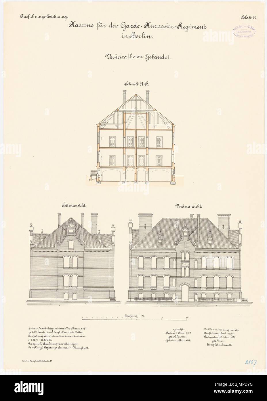 Cugino, caserme della Guardia Cuerassier Regiment e della Regina Augusta Grenadier Regiment No. 4, Berlino (1895-1897): Königin-Augusta-Garde-Grenadier-Regiment No. 4, edificio sposato i: Sezione trasversale, vista pagina , Vista frontale 1: 100. Litografia colorata sulla scatola, 75 x 53,5 cm (compresi i bordi di scansione) Vetter : Kaserne des Garde-Kürassier-Regiments und des Königin-Augusta-Garde-Grenadier-Regiments Nr. 4, Berlino Foto Stock