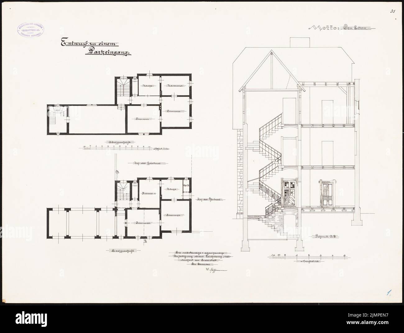 Hoffmann Willy (nato nel 1878), ingresso al parco (1900): Grundrisse EG, OG, sezione trasversale 1:50. Acquerello Tusche sulla scatola, 51,1 x 67,5 cm (compresi i bordi di scansione) Hoffmann Willy (geb. 1878): Parkeingang Foto Stock