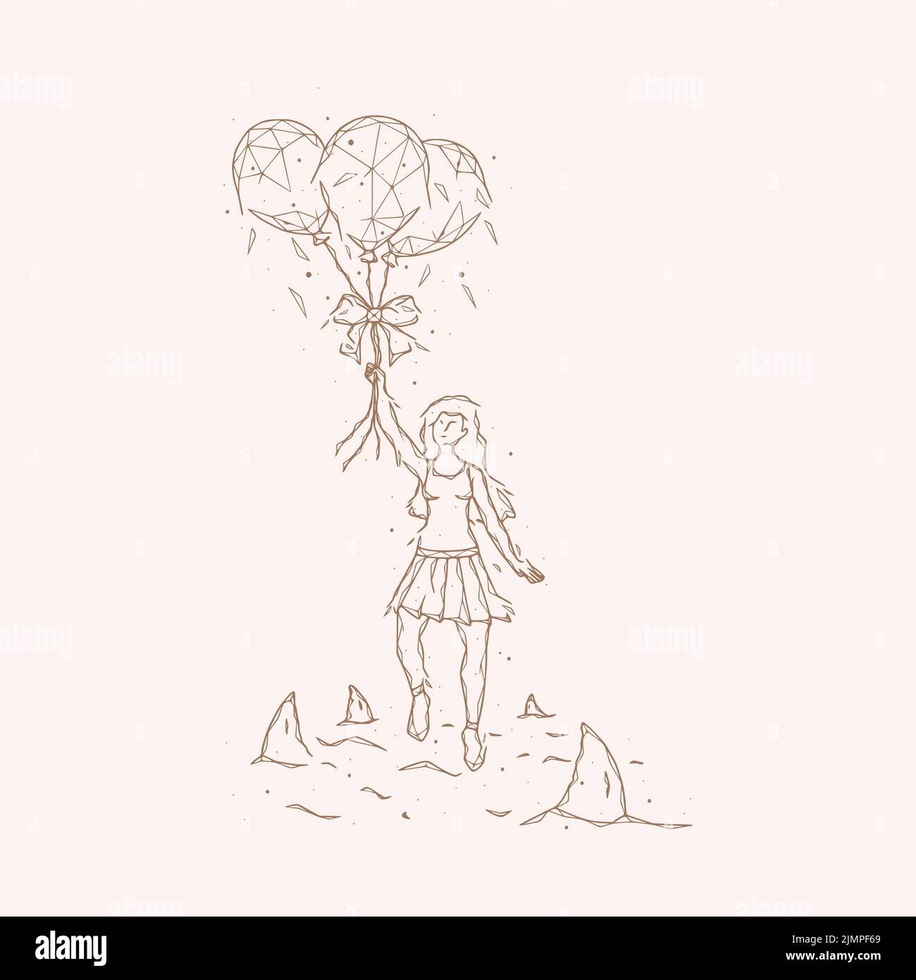 Illustrazione vettoriale poligonale di una ragazza con palloncini che vola via dagli squali. Concetto psicologico di evitare problemi. Foto Stock