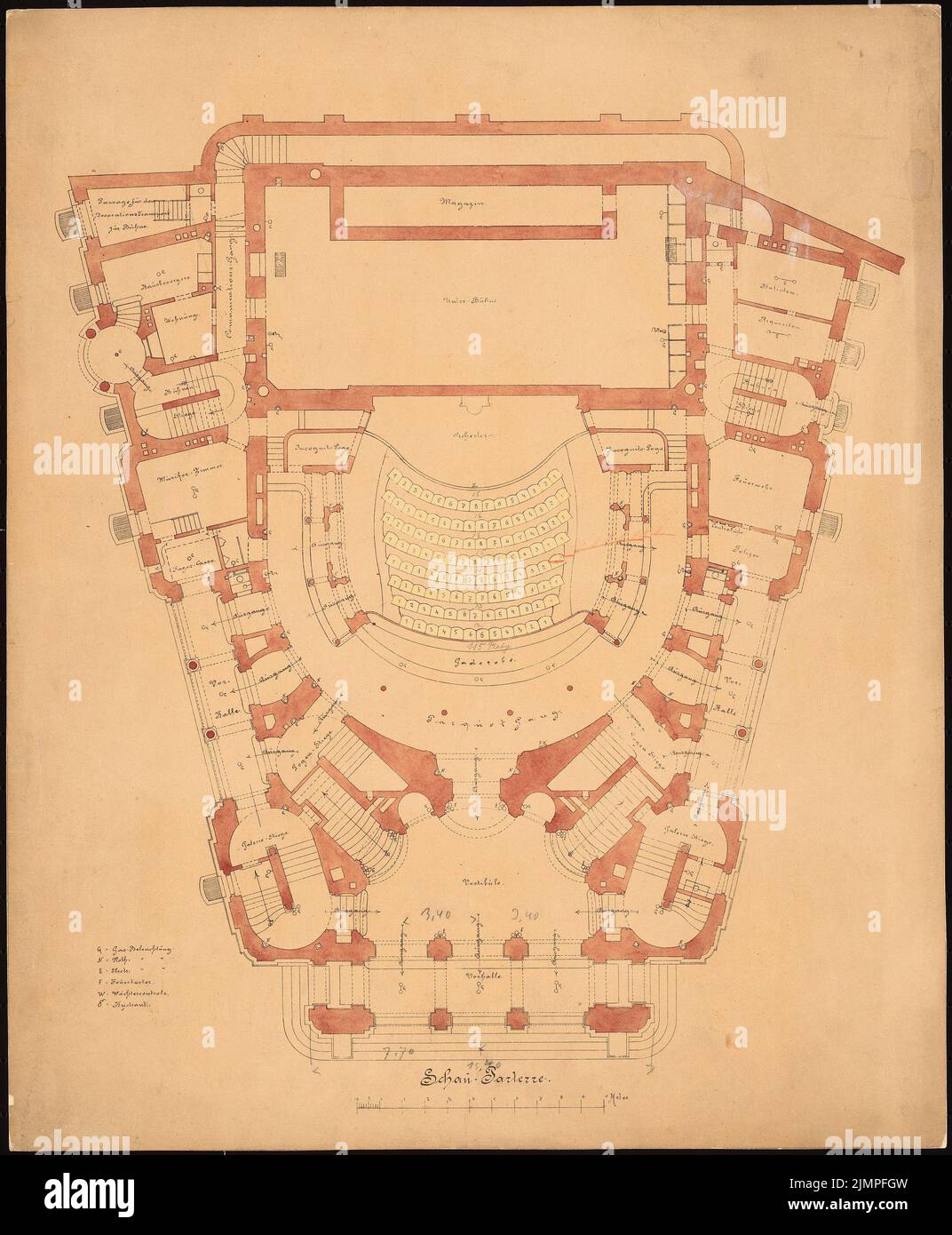 Seeling Heinrich (1852-1932), Teatro a Karlsbad (senza data): Parquet piano pavimento. Matita, matita colorata acquerello, con una pausa sulla scatola, 51,2 x 42,2 cm (compresi i bordi di scansione) Seeling Heinrich (1852-1932): Teatro, Karlsbad Foto Stock