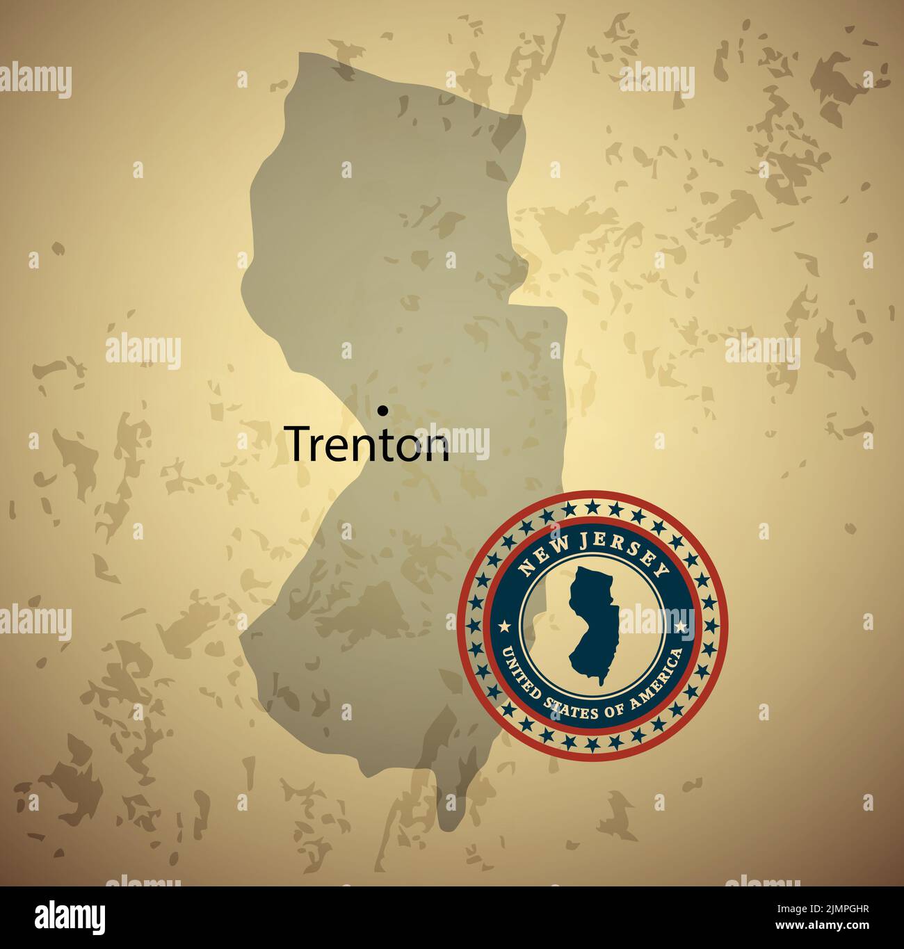 Mappa del New Jersey con sfondo vettoriale vintage timbro Foto Stock