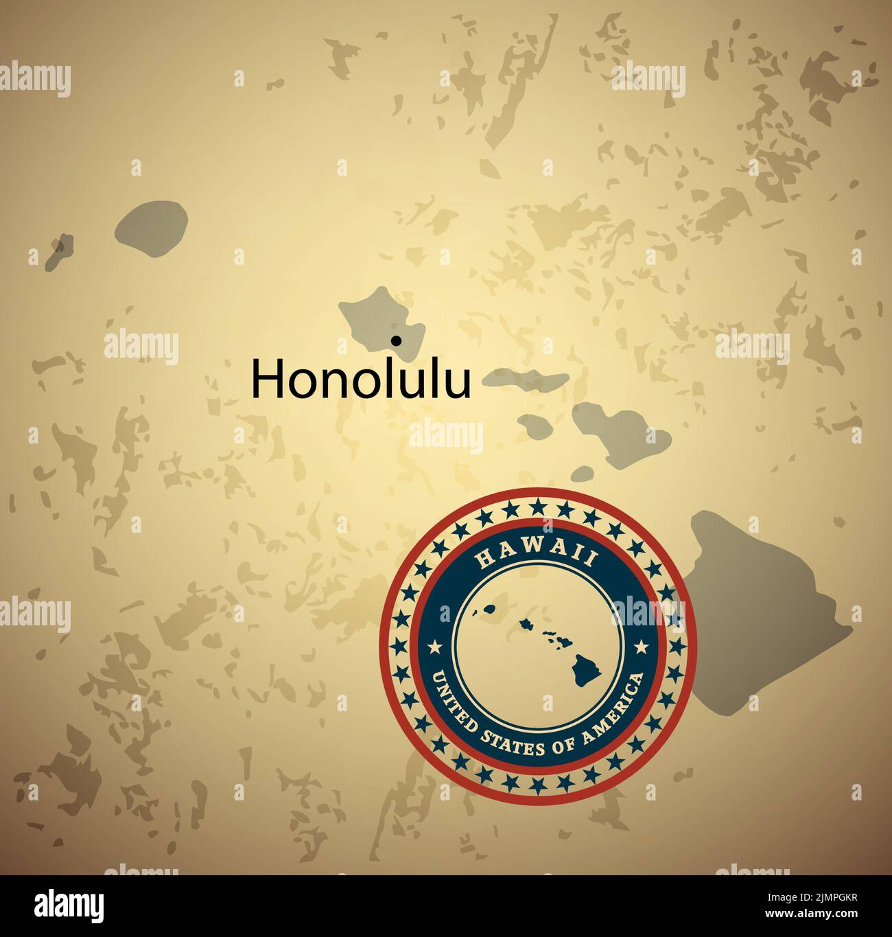 Mappa delle Hawaii con sfondo vettoriale timbro vintage Foto Stock