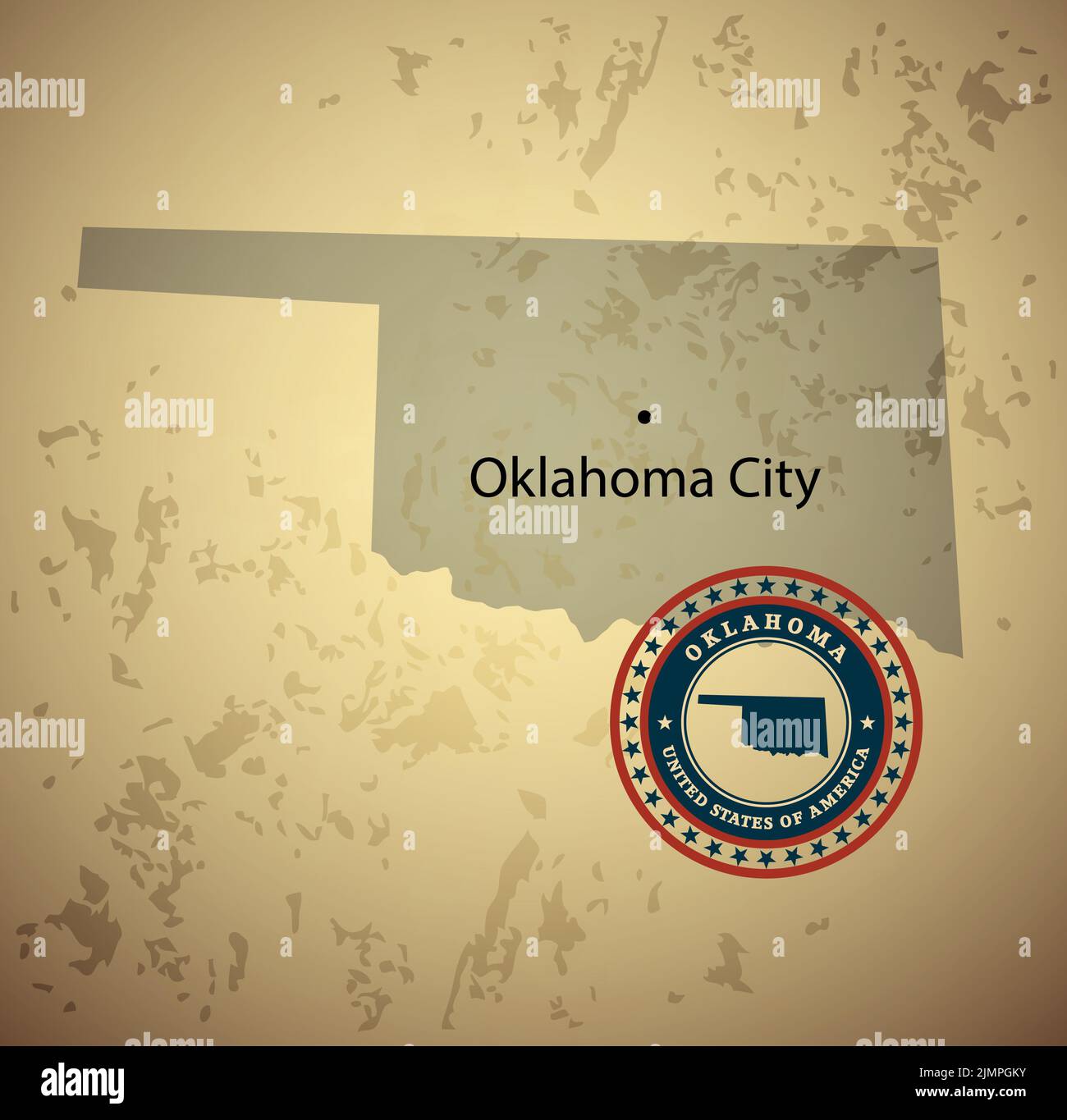 Mappa dell'Oklahoma con sfondo vettoriale dell'annata del timbro Foto Stock