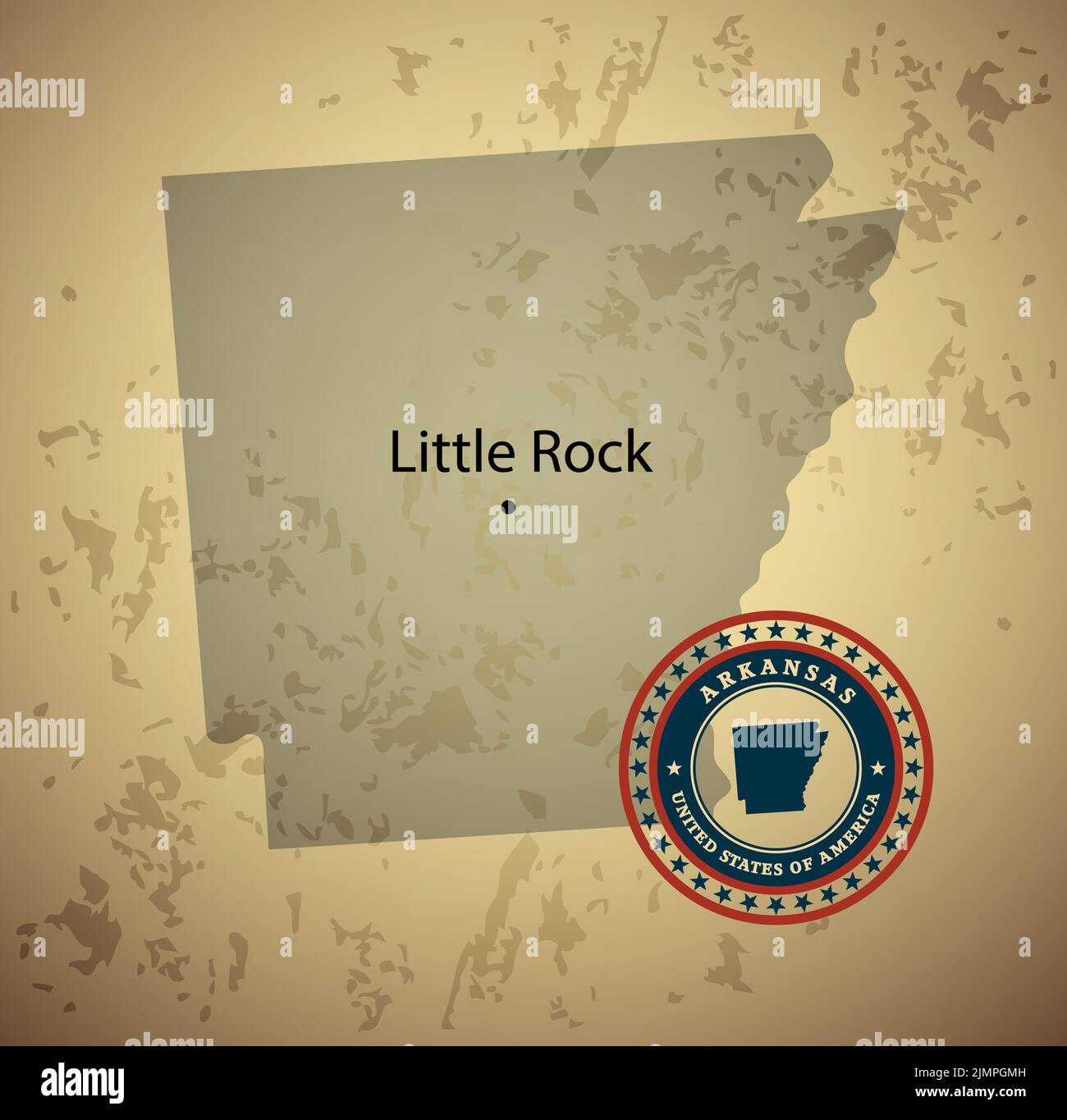 Mappa dell'Arkansas con sfondo vettoriale dell'annata del timbro Foto Stock