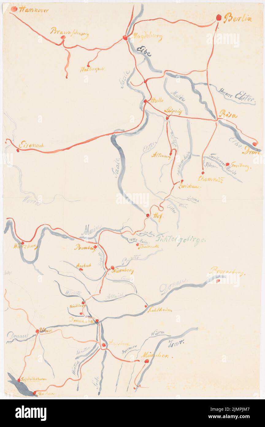 Knoblauch Eduard (1801-1865), mappa con Berlino, Hannover, Monaco di Baviera (senza data): mappa della Germania con le città di Berlino, Hannover e Monaco di Baviera. Acquerello a matita, 137,3 x 91,3 cm (compresi i bordi di scansione) Knoblauch Eduard (1801-1865): Karte mit Berlin, Hannover, München Foto Stock