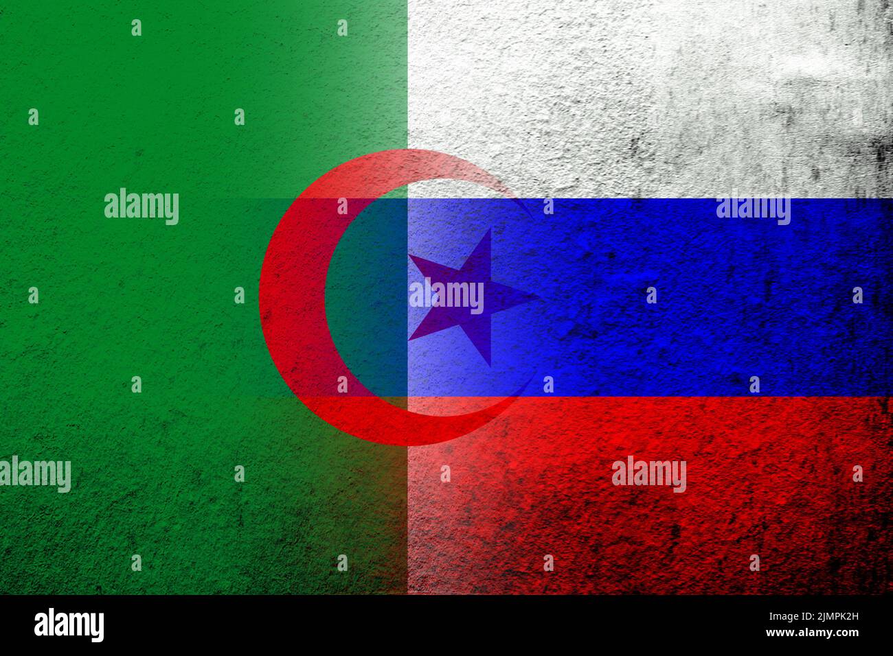 Bandiera nazionale della Federazione russa con bandiera nazionale della Repubblica democratica popolare di Algeria. Grunge sfondo Foto Stock