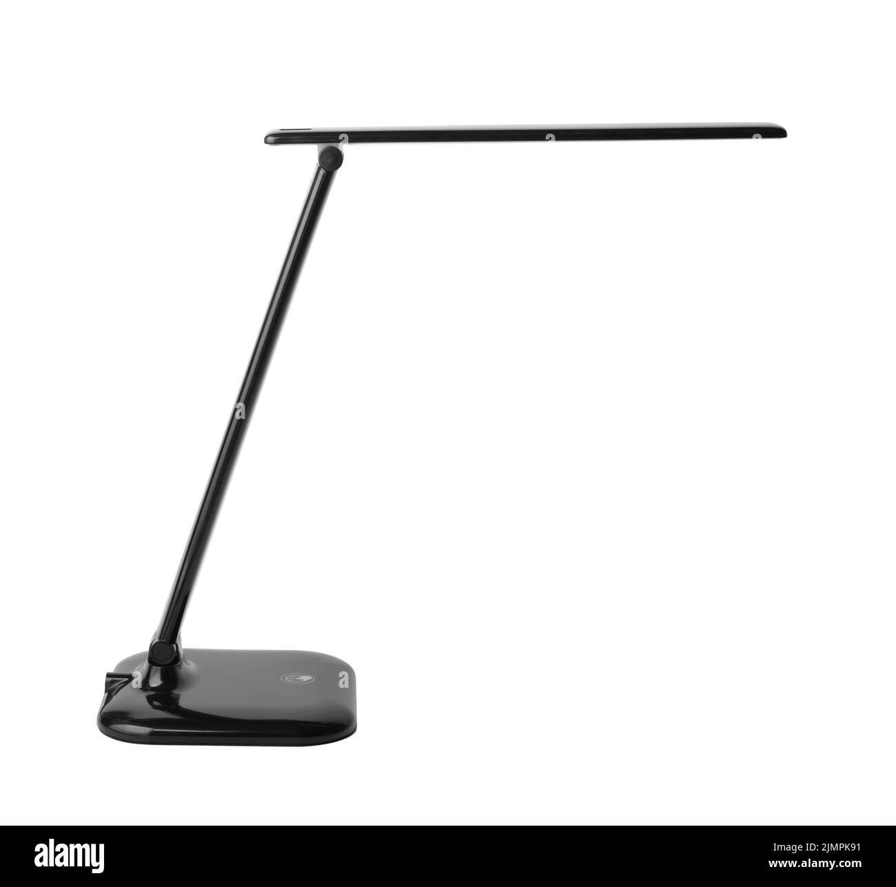 Moderna lampada da tavolo in plastica nera isolata su bianco. Foto Stock