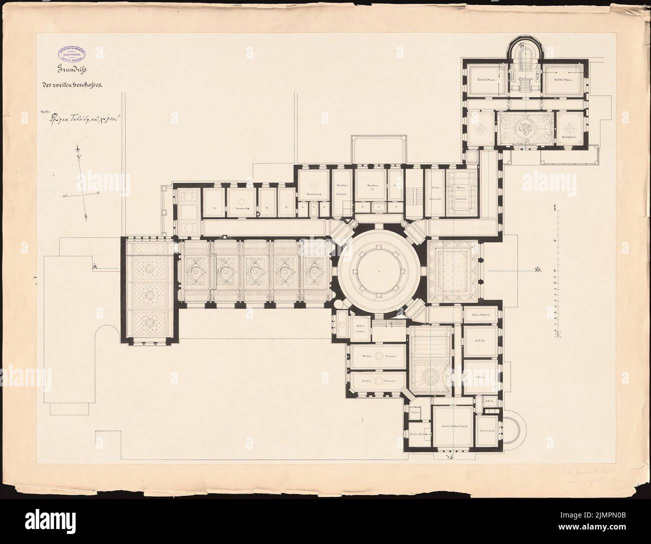 Grunert Kurt (1843-1902), progetto in un castello su un'isola (senza dat.): Pianta 2. OG 1: 100. Inchiostro, colore inchiostro, acquerello su cartone, 82,9 x 108 cm (incl Scan Edges) Grunert Kurt (1843-1902): Entwurf zu einem Schloss auf einer Insel Foto Stock