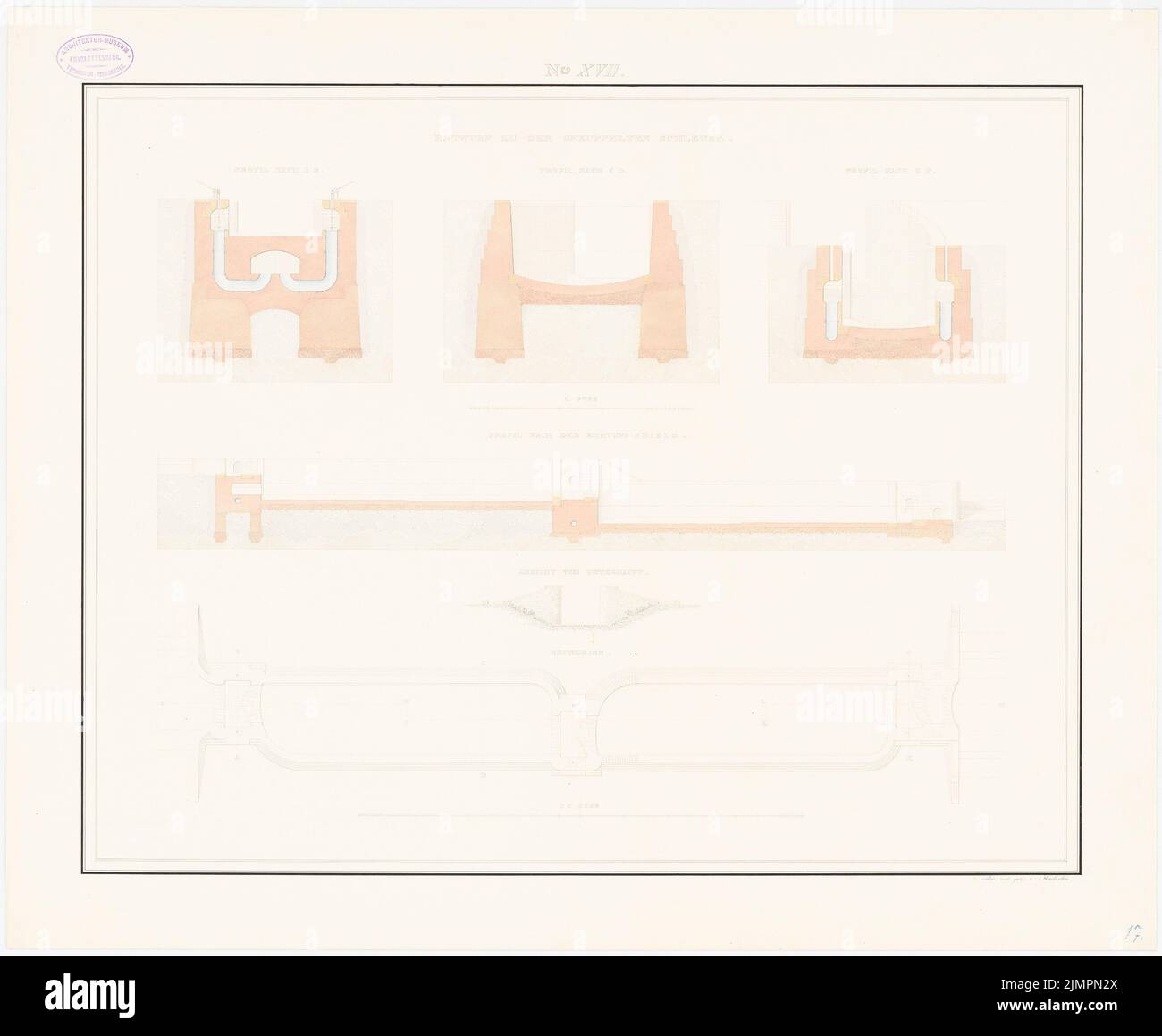 Haeberlin Joh. Heinrich (1799-1867), serratura accoppiata (senza data): Pianta del pavimento, vista da Unterhaupt, 4 tagli. Acquerello Tusche sulla scatola, 56 x 68,1 cm (compresi i bordi di scansione) Haeberlin Joh. Heinrich (1799-1867): Gekuppelte Schleuse Foto Stock