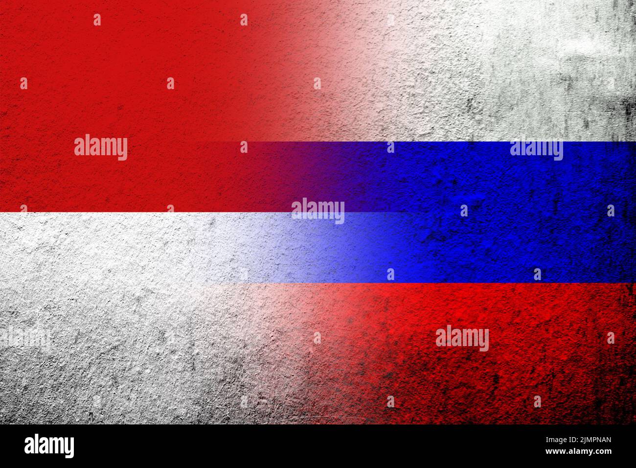 Bandiera nazionale della Federazione russa con bandiera nazionale della Repubblica di Indonesia. Grunge sfondo Foto Stock