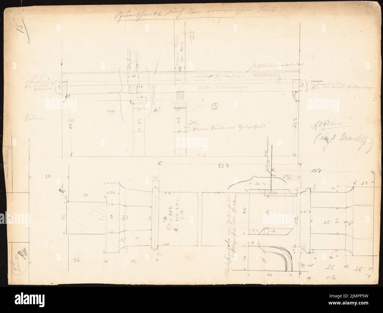 Lehmmübner Paul (1855-1916), municipio di Duderstadt (1898): Sezione trasversale dell'edificio romanico, verso: Piano scala. Matita sulla scatola, 28,3 x 37,8 cm (compresi i bordi di scansione) Lehmgrübner Paul (1855-1916): Rathaus, Duderstadt Foto Stock