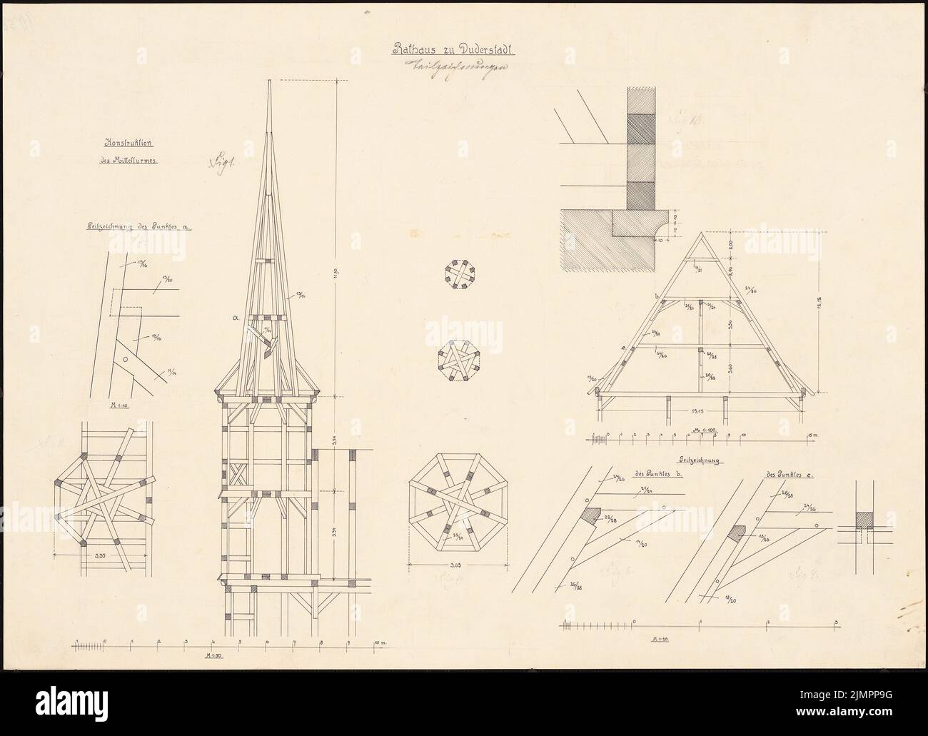 Lehmmübner Paul (1855-1916), municipio di Duderstadt (1898): Costruzione della torre centrale e della struttura del tetto 1:50, 1:20. Inchiostro su cartone, 50,3 x 69,4 cm (compresi i bordi di scansione) Lehmgrübner Paul (1855-1916): Rathaus, Duderstadt Foto Stock