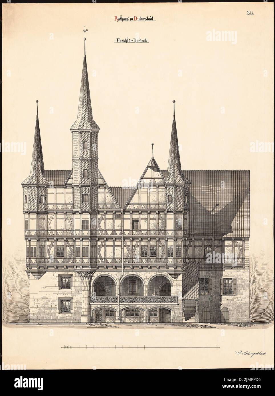 Lehmmübner Paul (1855-1916), municipio di Duderstadt (1898): Vista nord 1:50. Acquerello Tusche sulla scatola, 102,2 x 75,8 cm (compresi i bordi di scansione) Lehmgrübner Paul (1855-1916): Rathaus, Duderstadt Foto Stock