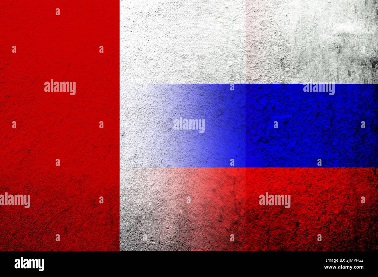 Bandiera nazionale della Federazione russa con bandiera nazionale della Repubblica del Perù. Grunge sfondo Foto Stock