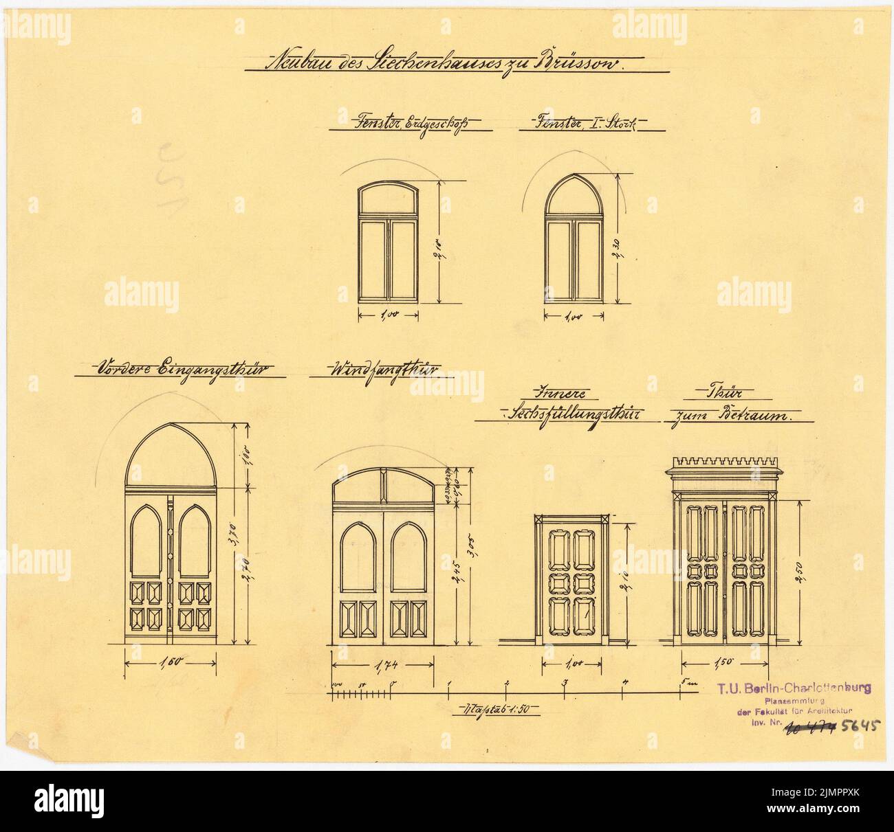 Lehmmübner Paul (1855-1916), salute e Siechenhaus a Brüssow. Valid execution draft (1899-1899): Windows and doors, view 1:50. Inchiostro su trasparente, 26,6 x 30,8 cm (compresi i bordi di scansione) Lehmgrübner Paul (1855-1916): Kranken- und Siechenhaus, Brüssow. Gültiger Ausführungsentwurf Foto Stock