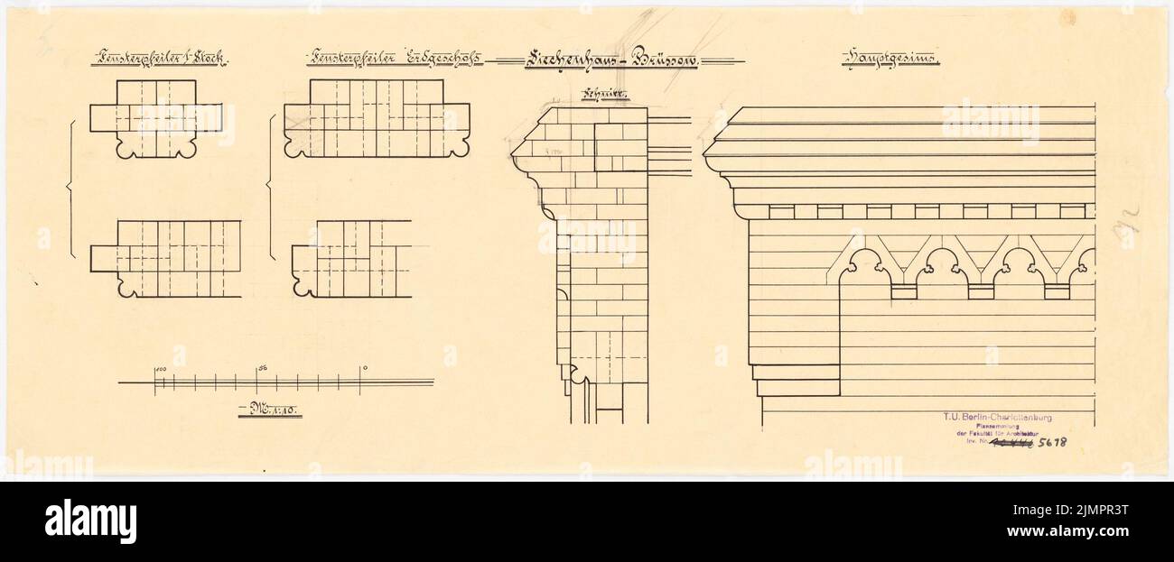 Lehmmübner Paul (1855-1916), salute e Siechenhaus a Brüssow. Bozza di esecuzione valida (1899-1899): Montante finestra e cornicione principale 1:10. Inchiostro su trasparente, 23,4 x 57 cm (compresi i bordi di scansione) Lehmgrübner Paul (1855-1916): Kranken- und Siechenhaus, Brüssow. Gültiger Ausführungsentwurf Foto Stock