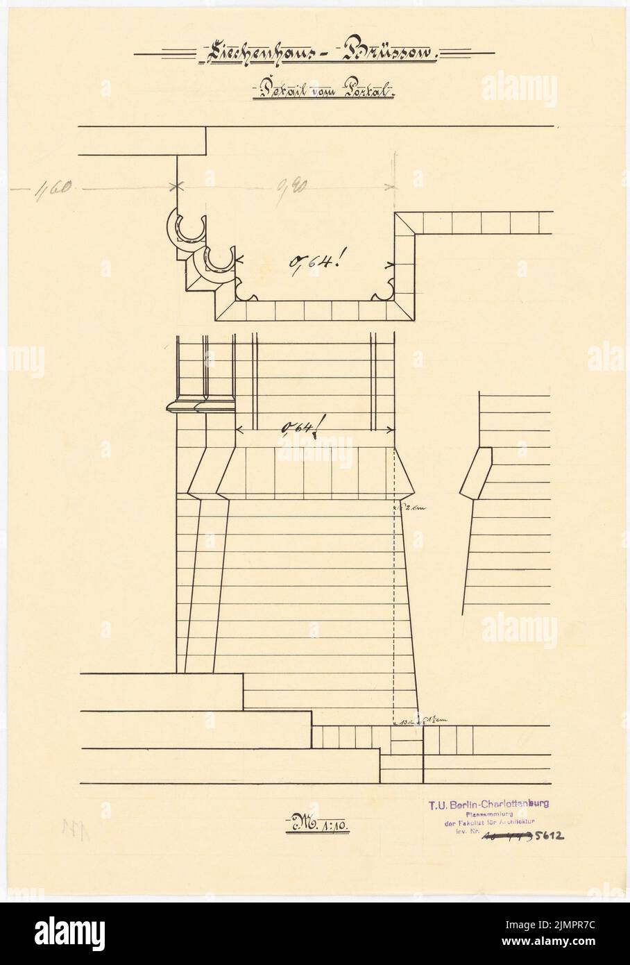 Lehmmübner Paul (1855-1916), salute e Siechenhaus a Brüssow. Valid execution draft (1899-1899): Main Portal detail 1:10. Inchiostro su trasparente, 39,7 x 27,7 cm (compresi i bordi di scansione) Lehmgrübner Paul (1855-1916): Kranken- und Siechenhaus, Brüssow. Gültiger Ausführungsentwurf Foto Stock