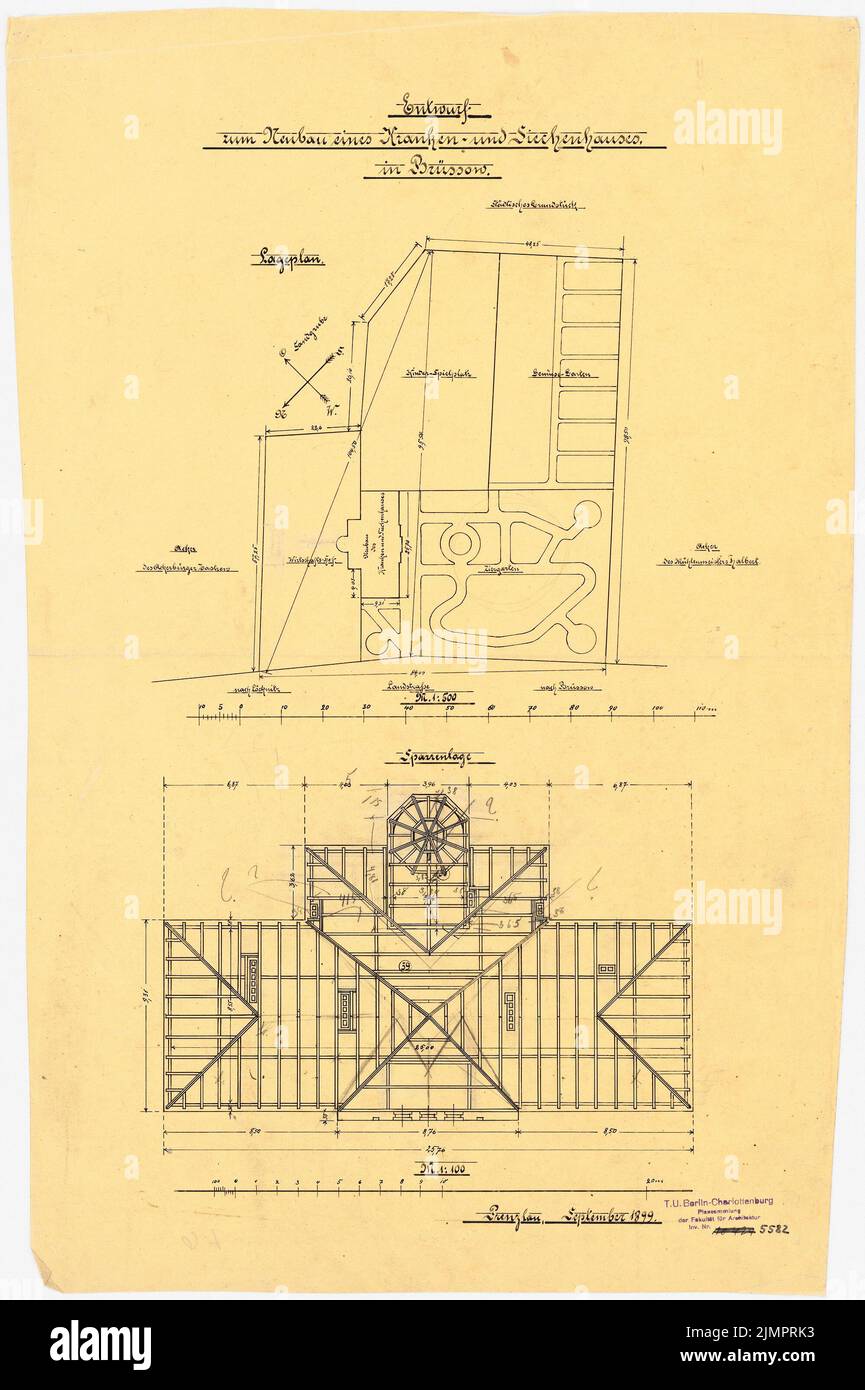 Lehmmübner Paul (1855-1916), salute e Siechenhaus a Brüssow. Progetto preliminare (11,1899): Dipartimento 1: 500, travi 1: 100. Inchiostro, matita su trasparente, 62,9 x 41,9 cm (compresi i bordi di scansione) Lehmgrübner Paul (1855-1916): Kranken- und Siechenhaus, Brüssow. Vorentwurf Foto Stock