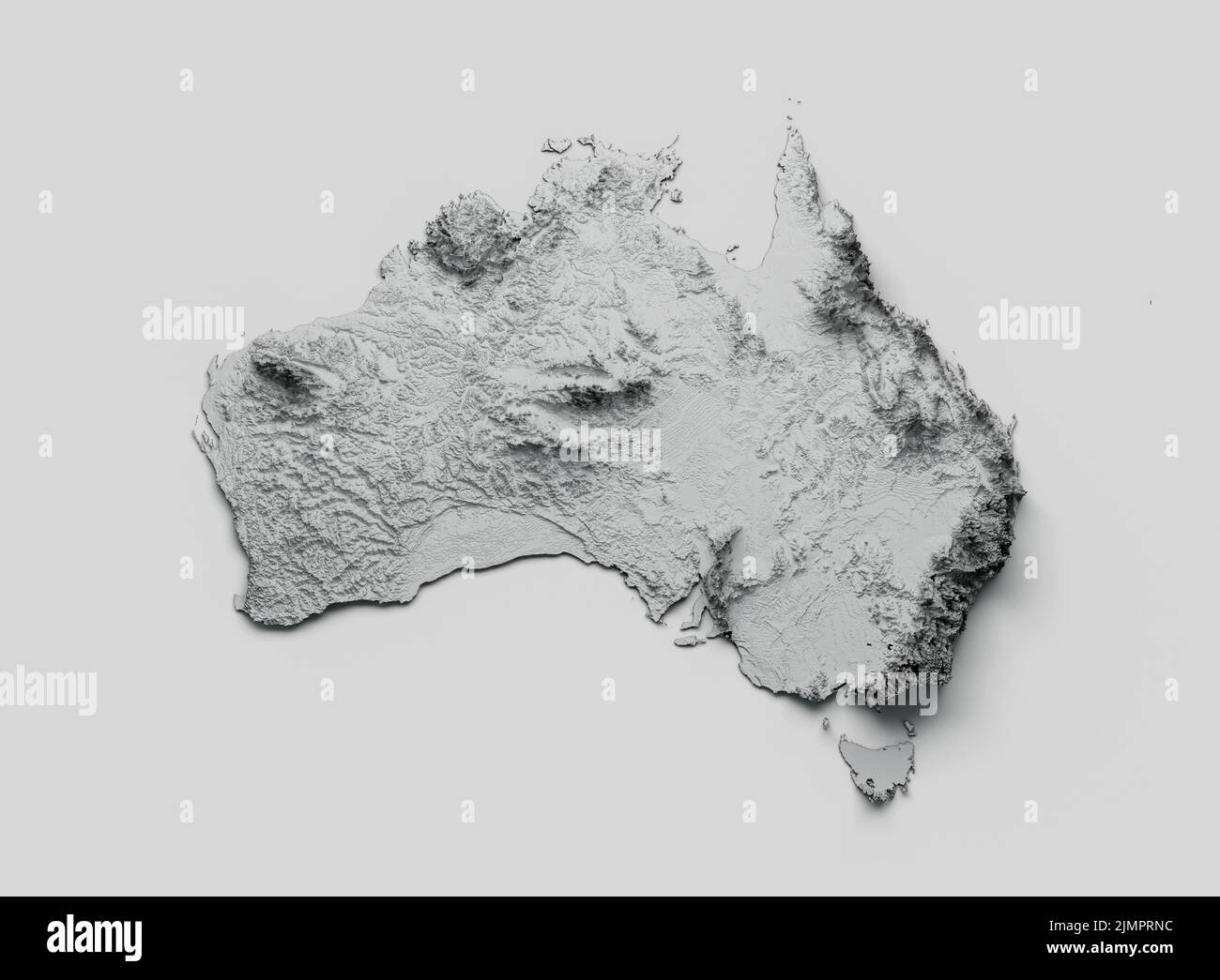 Un rendering 3D della mappa dell'Australia ombreggiato rilievo colore altezza mappa su sfondo bianco Foto Stock