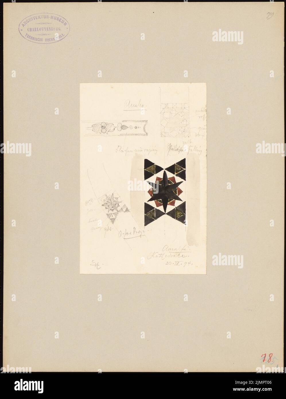 Hoffmann Emil (1845-1901), cattedrale di Amalfi (20 aprile 1894): Candela e ambo di Pasqua, dettaglio ornamentale. Matita acquerello su carta, 32,4 x 24,8 cm (compresi i bordi di scansione) Hoffmann Emil (1845-1901): Kathedrale, Amalfi Foto Stock