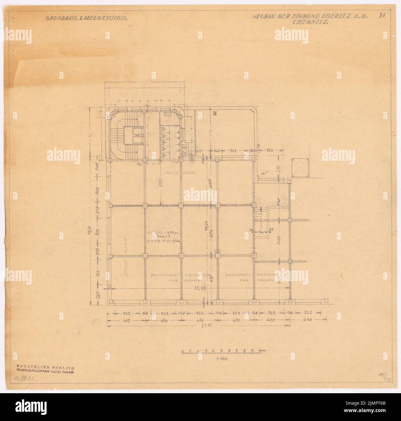 Poelzig Hans (1869-1936), Sigmund Goeritz AG, Chemnitz (14.08.1925): Piano 1: 100. Matita su trasparente, 50,2 x 51,3 cm (compresi i bordi di scansione) Poelzig Hans (1869-1936): Fabrik Sigmund Goeritz AG, Chemnitz Foto Stock