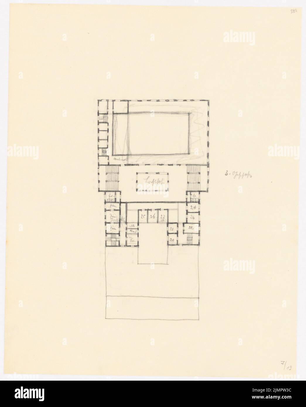 Poelzig Hans (1869-1936), Casa dell'amicizia, Istanbul (1916): Grundriss3.Schoss. Matita su trasparente (e correzioni matita), 33,4 x 26,9 cm (compresi i bordi di scansione) Poelzig Hans (1869-1936): Haus der Freundschaft, Istanbul Foto Stock