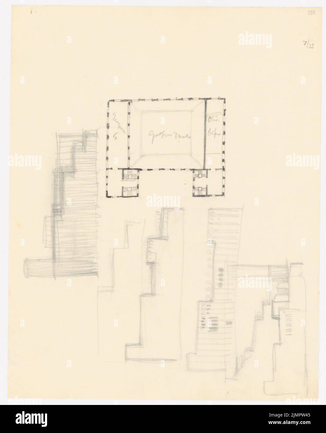 Poelzig Hans (1869-1936), Casa dell'amicizia, Istanbul (1916): Pianta del piano 5th e viste. Matita su trasparente, 33,5 x 27 cm (compresi i bordi di scansione) Poelzig Hans (1869-1936): Haus der Freundschaft, Istanbul Foto Stock