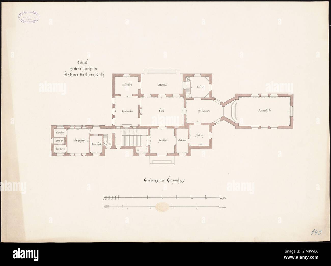 Raschdorff Julius (1823-1914), casa di campagna del Rath. 1. Progetto (senza data): Grundriss ad es. Acquerello Tusche sulla scatola, 52,4 x 71,2 cm (compresi i bordi di scansione) Raschdorff Julius (1823-1914): Landhaus vom Rath. 1. Projekt Foto Stock