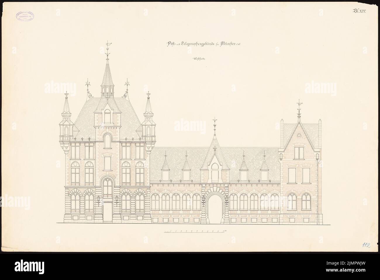 Raschdorff Julius (1823-1914), edificio postale e telegrafico a Münster (1878): Vista ovest. Inchiostro colorato su cartone, 64,2 x 96 cm (compresi i bordi di scansione) Raschdorff Julius (1823-1914): Post- und Telegraphengebäude, Münster Foto Stock