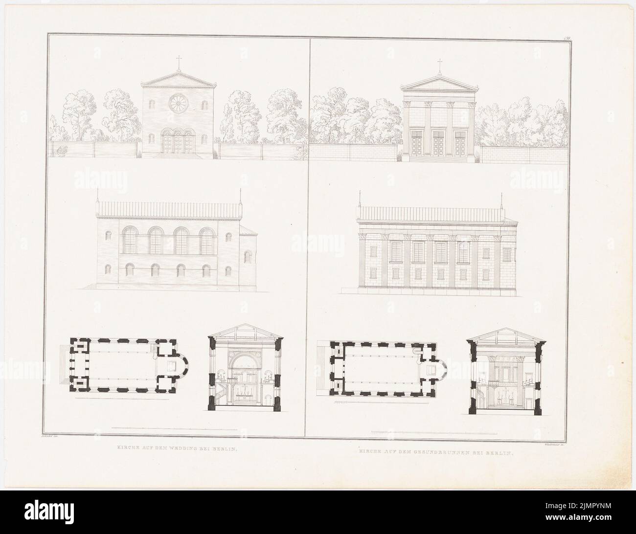 Schinkel Karl Friedrich (1781-1841), collezione di disegni architettonici, Berlino 1858. Paulskirche al Gesundbrunnen e Nazarethkirche di Berlino-Wedding (1832): Vista frontale e laterale, pianta, sezione trasversale. Cucire su carta, 41,7 x 54 cm (compresi i bordi di scansione) Schinkel Karl Friedrich (1781-1841): Sammlung Architektonischer Entwürfe, Berlino 1858. Paulskirche auf dem Gesundbrunnen und Nazarethkirche, Berlin-Wedding Foto Stock