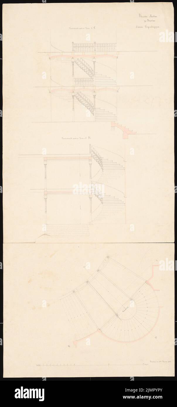 Lüdecke Carl Johann Bogislaw (1826-1894), teatro a Breslavia. Ricostruzione (31 gennaio 1867): Scale in ferro Lodge in pianta e 2 tagli A -B e C - D, scala bar. Inchiostro e matita acquarello su carta, 144,2 x 67 cm (compresi i bordi di scansione) Lüdecke Carl Johann Bogislaw (1826-1894): Teatro, Breslau. Wiederaufbau Foto Stock