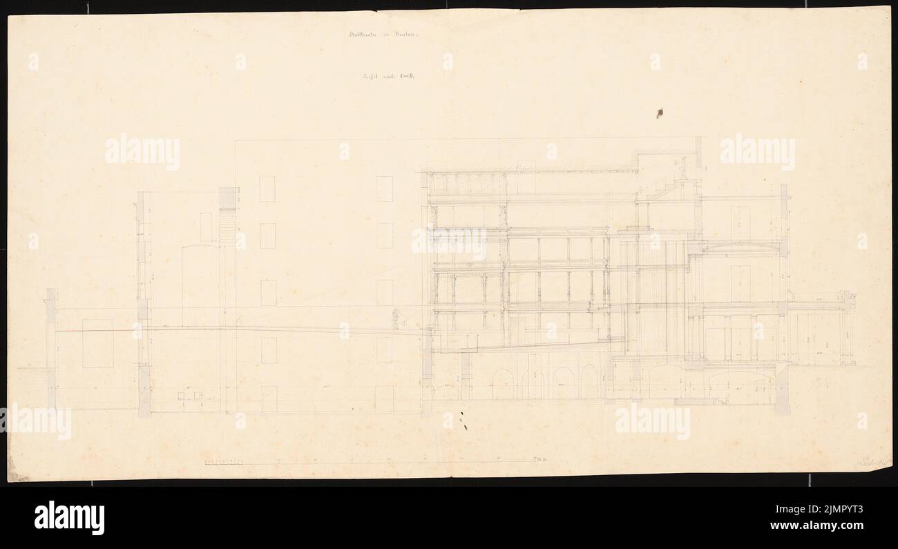 Lüdecke Carl Johann Bogislaw (1826-1894), teatro a Breslavia. Ricostruzione (1866-1866): Sezione longitudinale C - D. Tusche, matita, inchiostro colorato, acquerello su cartone, 68 x 125,3 cm (compresi i bordi di scansione) Lüdecke Carl Johann Bogislaw (1826-1894): Teatro, Breslau. Wiederaufbau Foto Stock