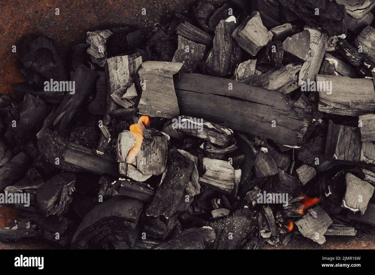 Legno che brucia. Il resto dell'alveare. Legna da ardere. Ceneri nel cavoldro. Foto Stock