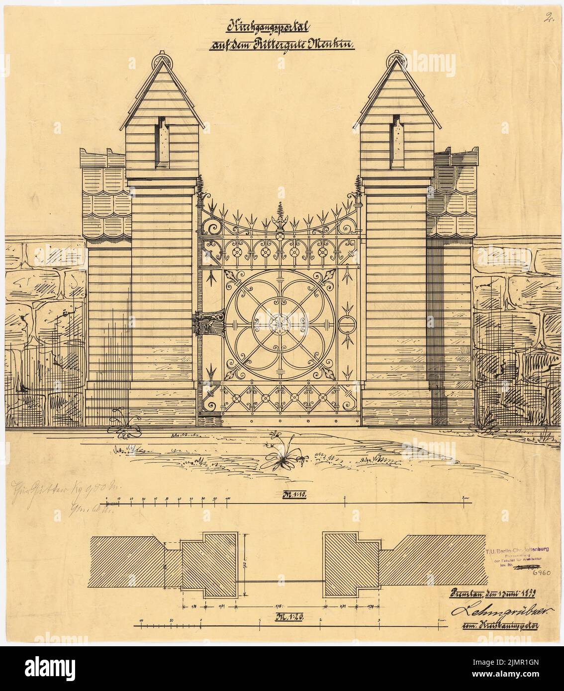 Lehmmübner Paul (1855-1916), Menkin Rittergut. Conversione della stabile (1899): Cancello d'ingresso con griglia, vista e pianta 1:10, 1:20. Inchiostro su trasparente, 54,1 x 47,2 cm (inclusi i bordi di scansione) Lehmgrübner Paul (1855-1916): Rittergut Menkin. Umbau des Stallgebäudes Foto Stock