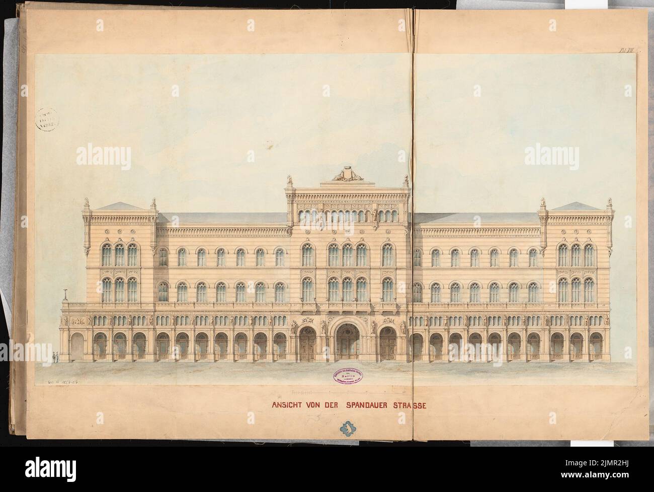 Hude Hermann von der (1830-1908), municipio di Berlino (municipio rosso). Schinkel Competition 1857 (1857): Vista laterale RISS (da Spandauer Straße); Scala bar. Acquerello Tusche sulla scatola, 62,9 x 92,3 cm (compresi i bordi di scansione) Hude Hermann von der (1830-1908): Berliner Rathaus (Rotes Rathaus). Schinkelwettbewerb 1857 Foto Stock