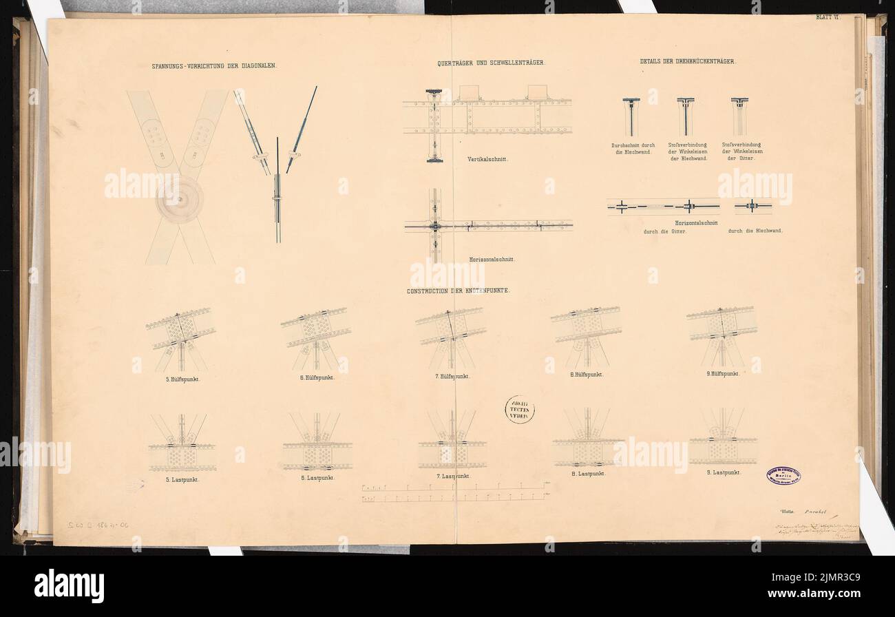 Jacobi Carl (1834-1904), ponte ferroviario. Schinkel Competition 1862 (1862): Dettagli costruttivi; strisce in scala 2. Acquerello Tusche sulla scatola, 64,9 x 104,5 cm (compresi i bordi di scansione) Jacobi Carl (1834-1904): Eisenbahnbrücke. Schinkelwettbewerb 1862 Foto Stock