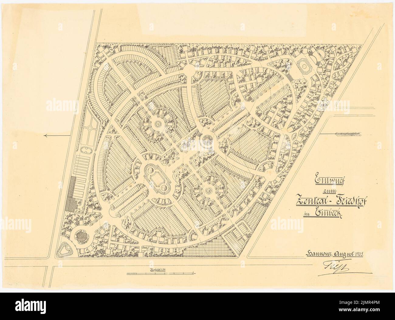 Viaggio Giulio (1857-1907), cimitero centrale di Einbeck (08,1905): Grundriss del cimitero centrale di Einbeck 1: 500. Rottura leggera sul cartone, 62,1 x 84 cm (compresi i bordi di scansione) Trip Julius (1857-1907): Zentral-Friedhof, Einbeck Foto Stock