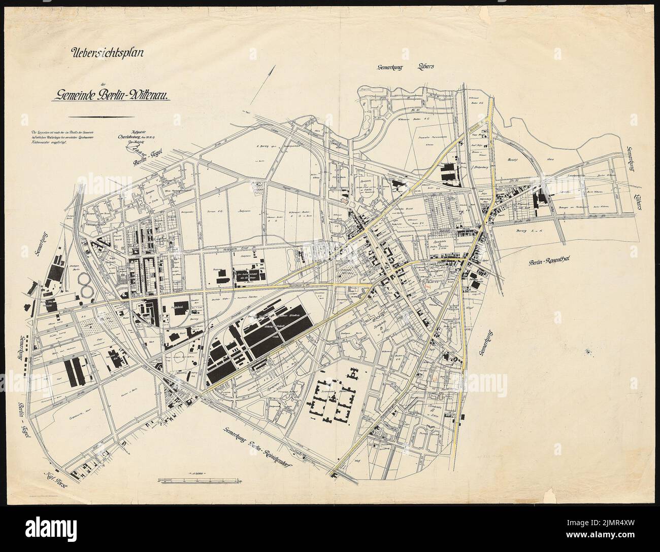 Baars M. W., Settlement Plan of the Heimstättengesellschaft Primus Wittenau, Berlin-Reinickendorf (20 dicembre 1917): Planning document Overview plan, acquis of 1: 4000. Matite colorate, inchiostro e matita a pressione su carta, 97,3 x 126,6 cm (compresi i bordi di scansione) Baars M. W. : Siedlungsplan der Heimstättengesellschaft Primus Wittenau, Berlin-Reinickendorf Foto Stock