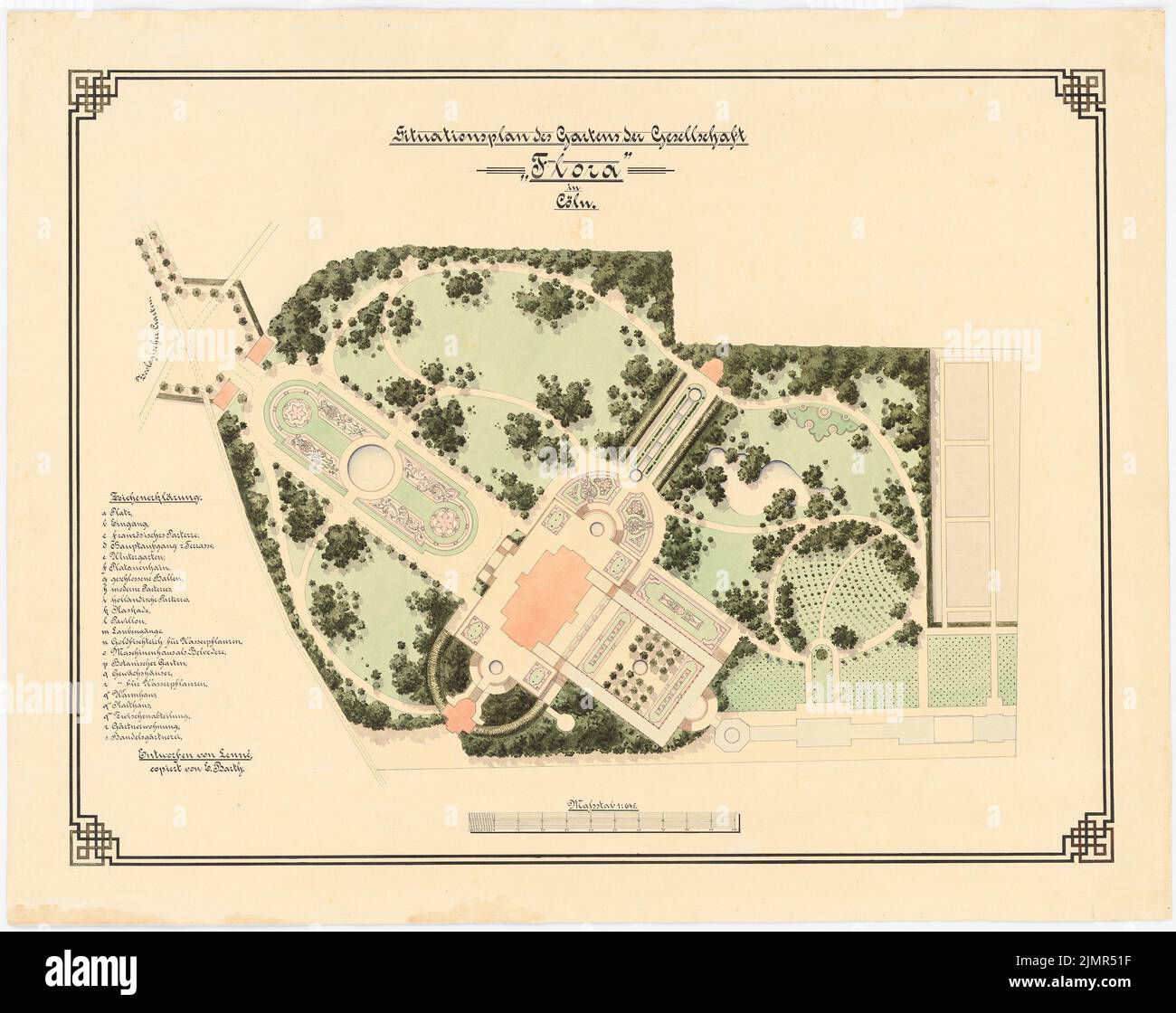 Lenné Peter (1789-1866), giardino della società »Flora« a Colonia (ca 1902): pianta dei giardini 1:645, leggenda, scala bar. Acquerello Tusche sulla scatola, 59,2 x 74,7 cm (compresi i bordi di scansione) Lenné Peter (1789-1866): Garten der Gesellschaft »Flora«, Köln Foto Stock