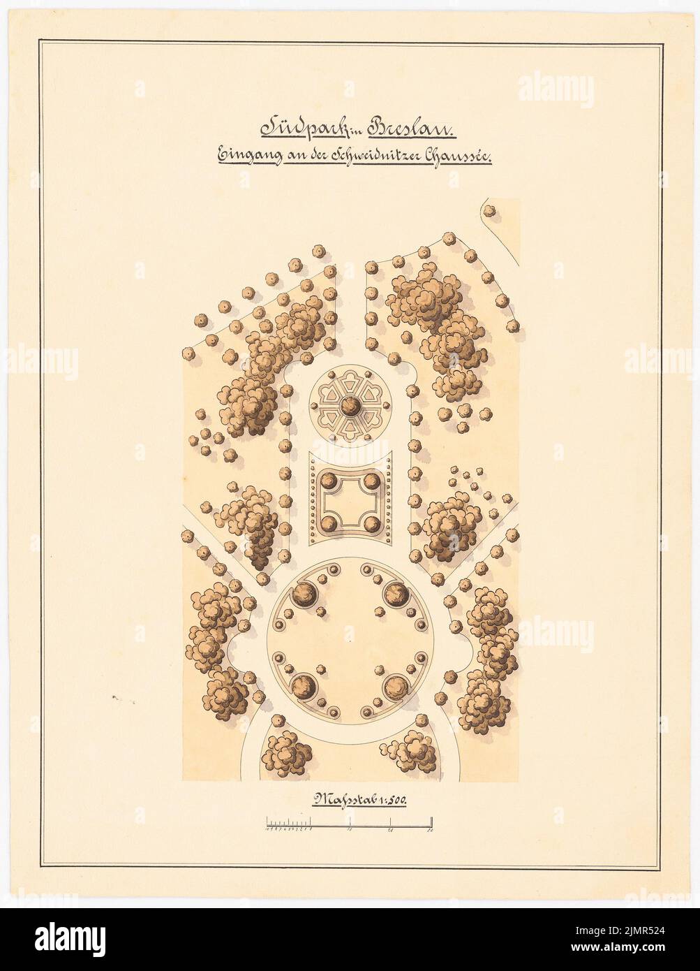 Barth Erwin (1880-1933), Südpark a Breslavia (ca 1902): area di ingresso del parco sud nel piano 1: 500, scala bar. Acquerello Tusche sulla scatola, 44,7 x 34,5 cm (compresi i bordi di scansione) Barth Erwin (1880-1933): Südpark, Breslau Foto Stock