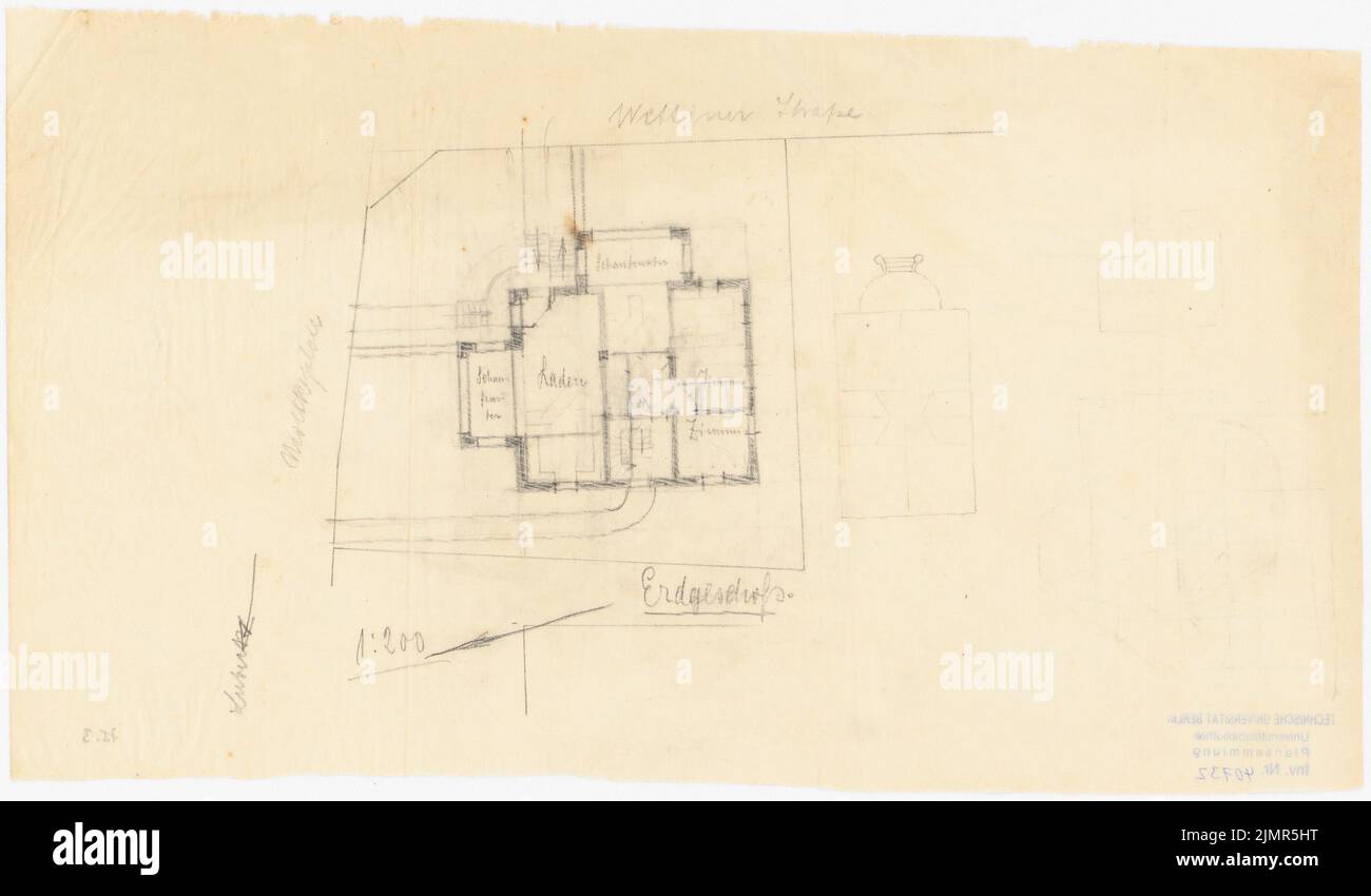 Barth Erwin (1880-1933), proprietà vicina al giardino Barth in Lübeck (1921): Piano terra per una villa con un negozio sulla proprietà (con la designazione di due vetrine e il negozio) con le abilità di contorno del Benac. Matita su trasparente, 23,6 x 40,3 cm (compresi i bordi di scansione) Barth Erwin (1880-1933): Nachbargrundstück zum Garten Barth, Lübeck Foto Stock