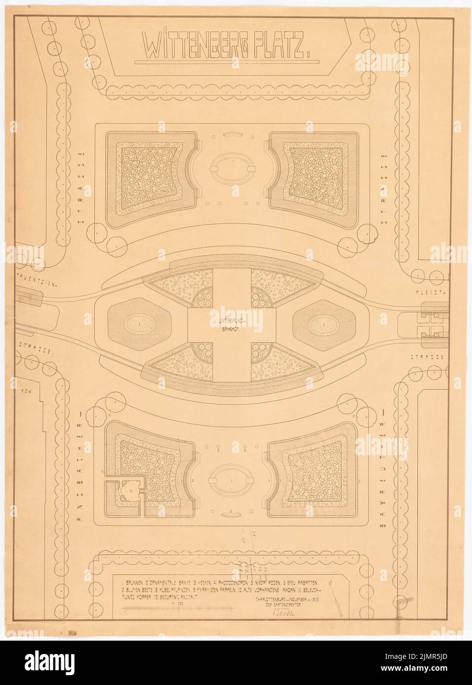 Barth Erwin (1880-1933), Wittenbergplatz a Berlino-Charlottenburg (11,1913): Pianta della struttura in pianta 1: 250, barra di scala, designazione delle singole parti, leggenda. Matita sopra luce rottura su carta, 95,4 x 70,2 cm (compresi i bordi di scansione) Barth Erwin (1880-1933): Wittenbergplatz, Berlino-Schöneberg Foto Stock