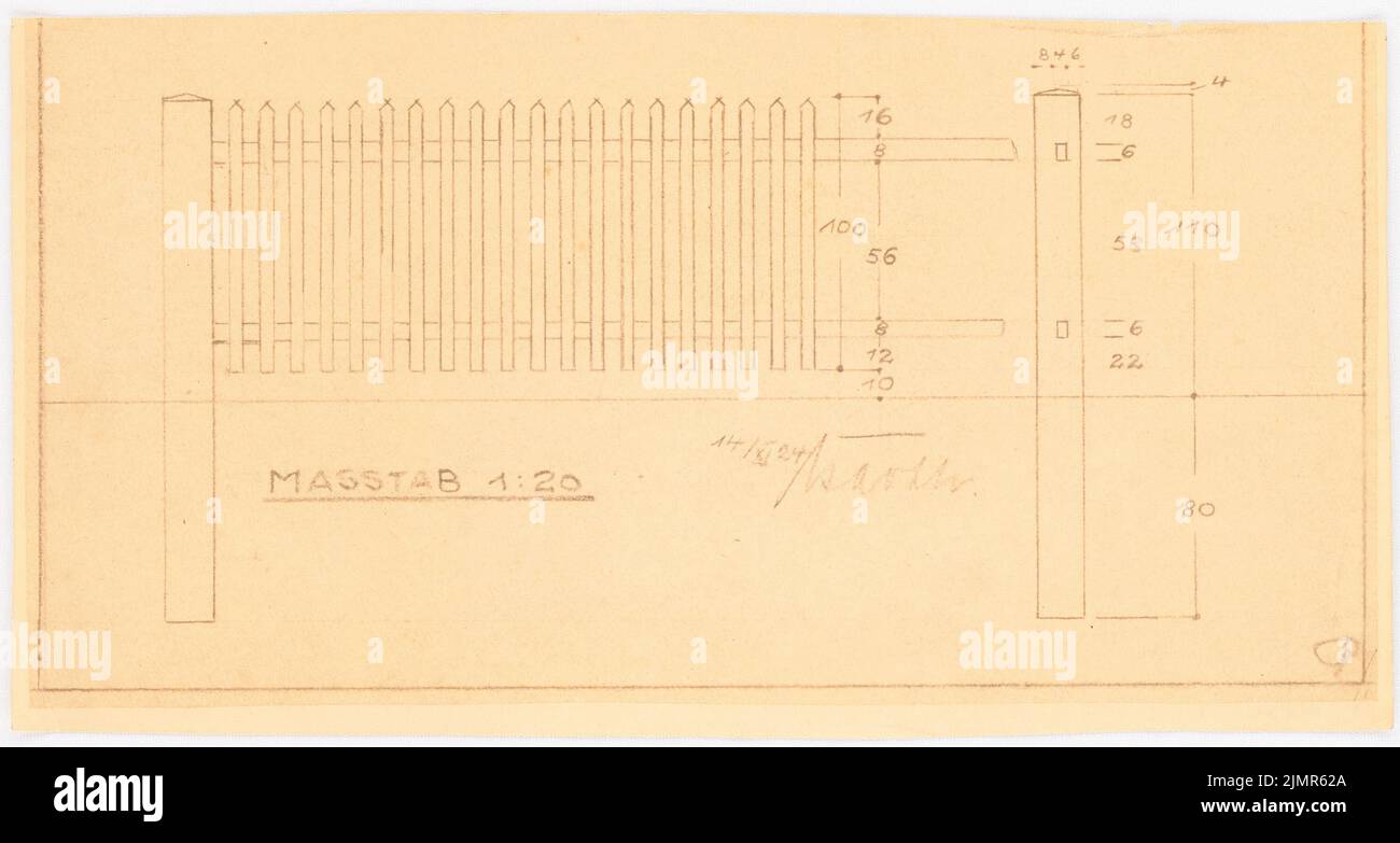 Barth Erwin (1880-1933), Volkspark Jungfernheide a Berlino-Charlottenburg (14 novembre 1924): 3 diverse varianti di recinzione in vista e media 1:20. Rottura leggera sul cartone, 13,5 x 25,4 cm (compresi i bordi di scansione) Barth Erwin (1880-1933): Volkspark Jungfernheide, Berlino-Charlottenburg Foto Stock