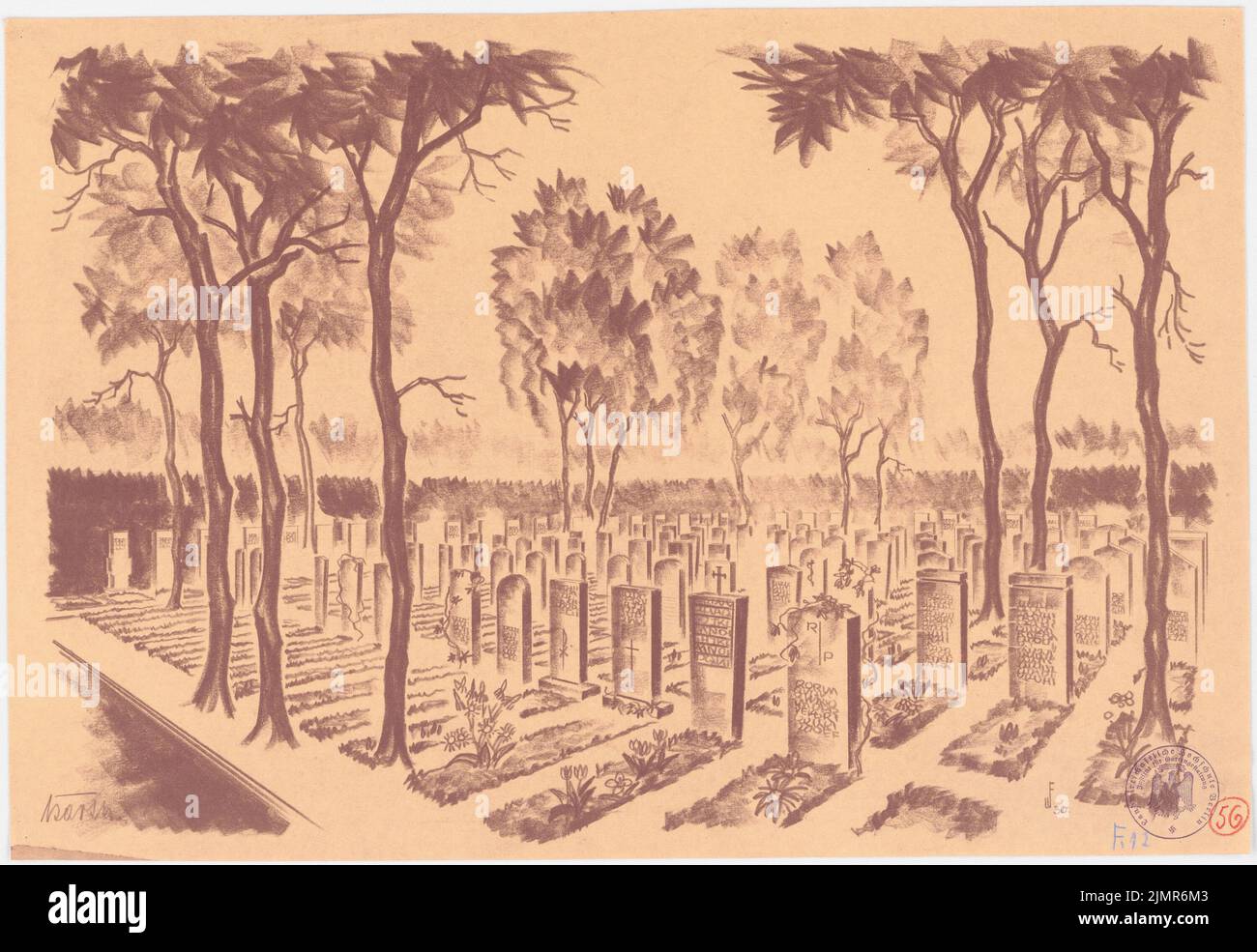 Barth Erwin (1880-1933), espansione dei cimiteri a Stolp (1930): Break break from Inv.-No 41175: Vista prospettica con vista di un campo di tomba a file; timbro in gomma. Rottura leggera su carta, 32,6 x 47,4 cm (compresi i bordi di scansione) Barth Erwin (1880-1933): Erweiterung der Friedhöfe, Stolp Foto Stock