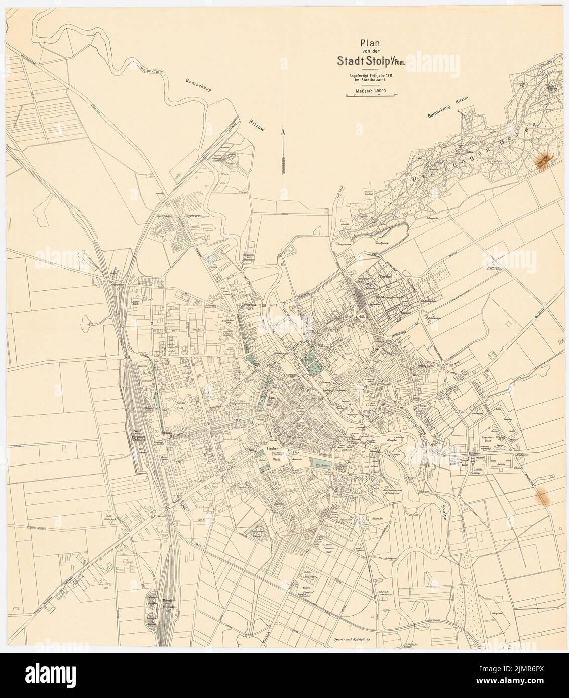 Barth Erwin (1880-1933), ampliamento dei cimiteri di Stolp (1911): Pianta della città di Stolp con confini di proprietà 1: 5000, scala bar, correzioni. Inchiostro colorato, acquerello, su litografia su cartone, 80 x 69,7 cm (compresi i bordi di scansione) Barth Erwin (1880-1933): Erweiterung der Friedhöfe, Stolp Foto Stock