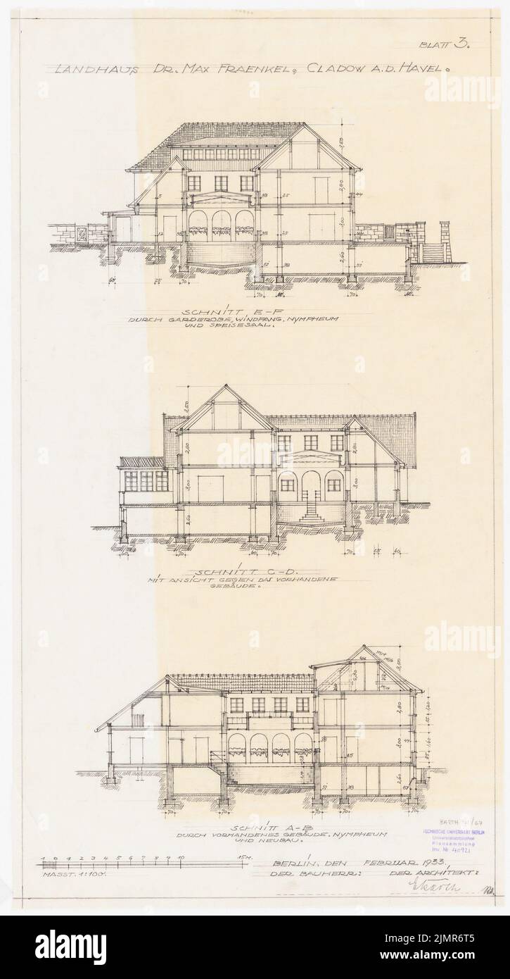 Barth Erwin (1880-1933), Fraenkel Garden a Berlin-Kladow (02,1933): Taglia la casa, 1: 100. Matita su trasparente, 73,3 x 40,9 cm (compresi i bordi di scansione) Barth Erwin (1880-1933): Garten Fraenkel, Berlino-Kladow Foto Stock