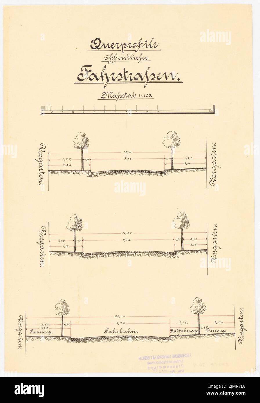 Architetto sconosciuto, profili trasversali delle strade pubbliche (senza data): Profili stradali 1: 100. Inchiostro colorato su carta, 35,5 x 24,5 cm (compresi i bordi di scansione) N. : Querprofile öffentlicher Fahrstraßen Foto Stock