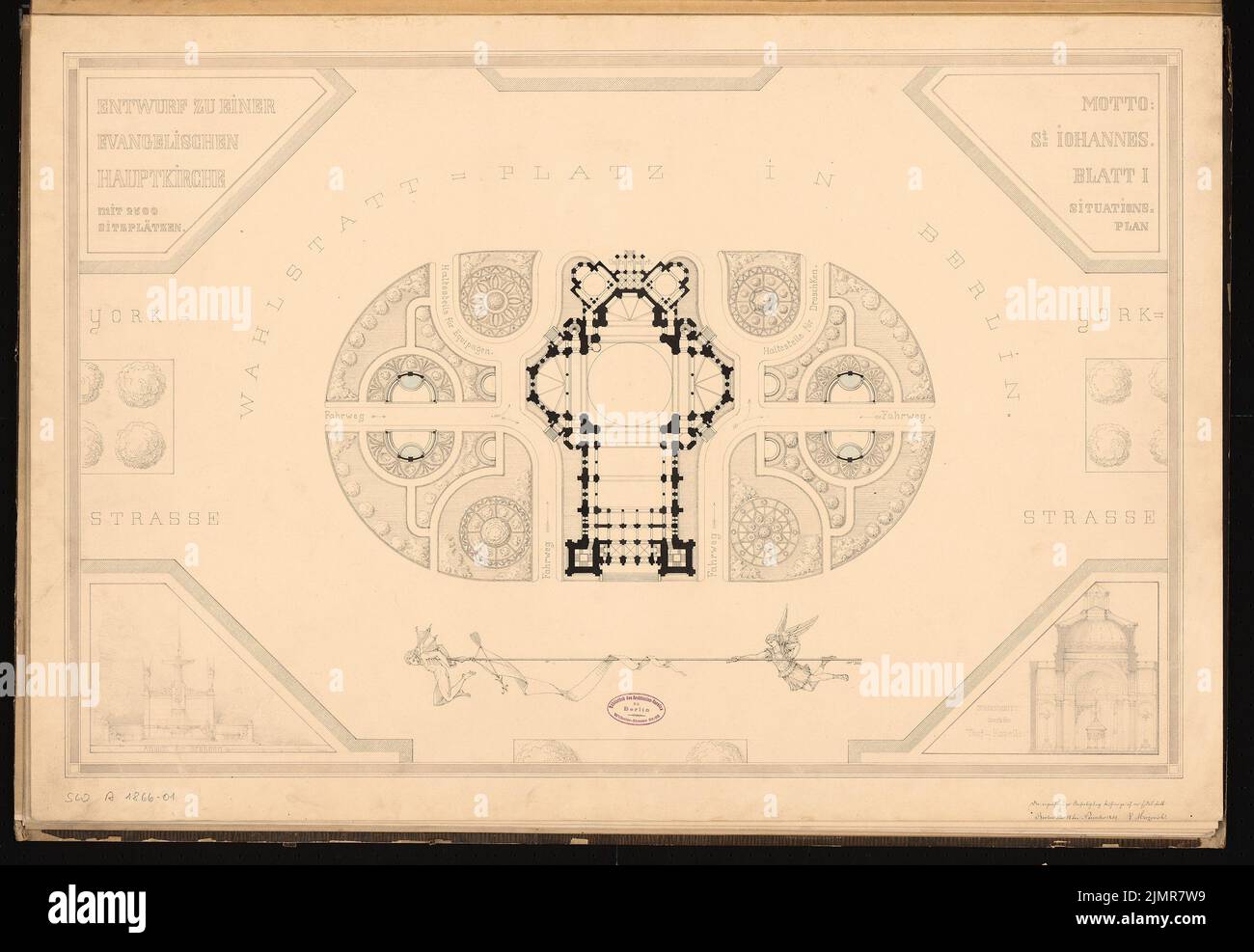 Merzenich Jean (1842-1911), Chiesa evangelica con 2500 posti a Berlino-Kreuzberg. Schinkel Competition 1866 (1866): Pianta del sito con pianta del piano terra; Scala bar. Inchiostro su cartone, 61,7 x 89,3 cm (compresi i bordi di scansione) Merzenich Johann (1840-1913): Evangelische Kirche mit 2500 Plätzen, Berlin-Kreuzberg. Schinkelwettbewerb 1866 Foto Stock
