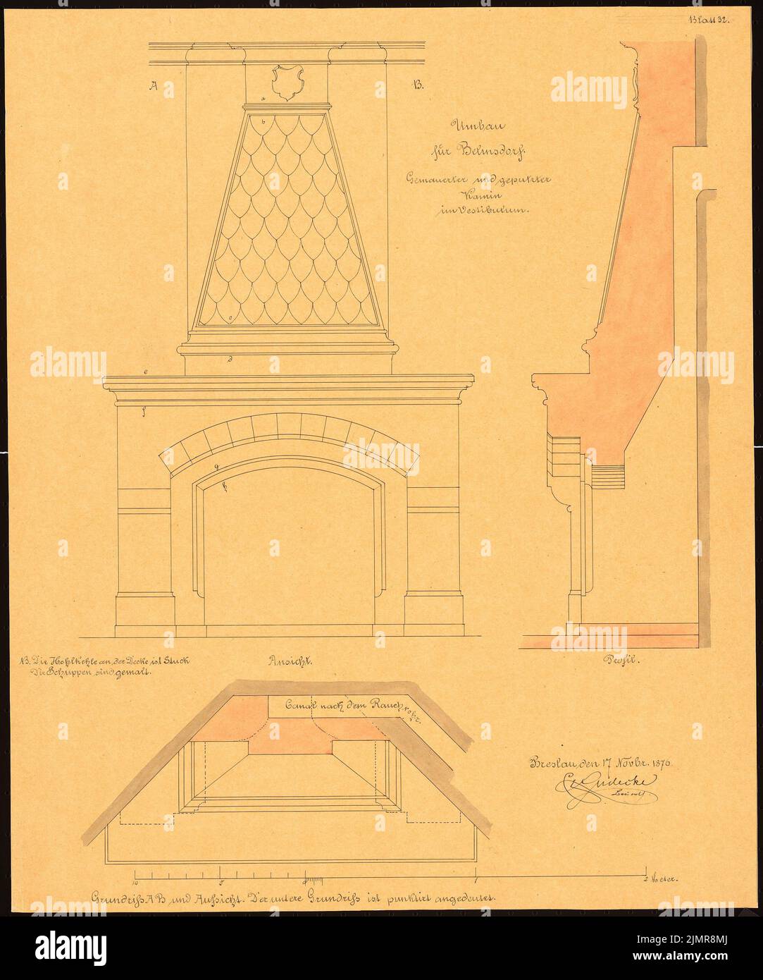 Lüdecke Carl Johann Bogislaw (1826-1894), edificio residenziale di Belmsdorf. Conversione (11/17/1876): Camino in Vestibül: Pianta del pavimento, profilo, taglio, scala bar 1:10. Acquerello Tusche su trasparente, 53,5 x 44,6 cm (compresi i bordi di scansione) Lüdecke Carl Johann Bogislaw (1826-1894): Herrschaftliches Wohnhaus, Belmsdorf. Umbau Foto Stock